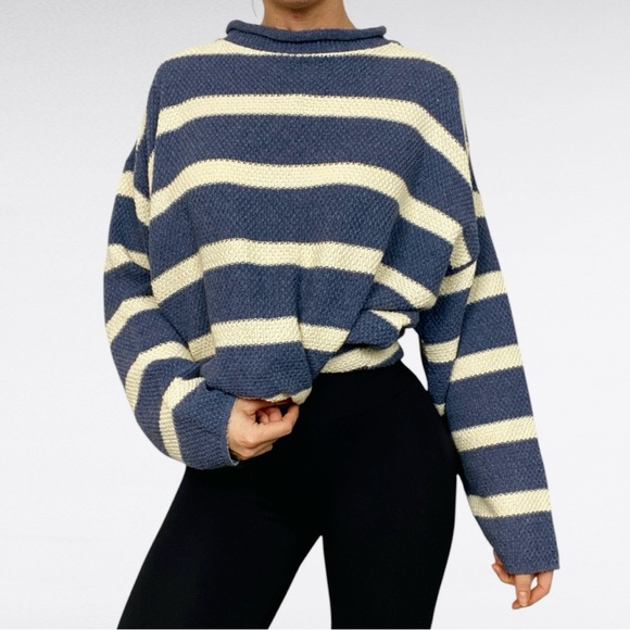 FIORI Find Better | Blue Oatmeal White Striped Oversized Drop Sleeve Dad Sweater - Picture 2 of 6